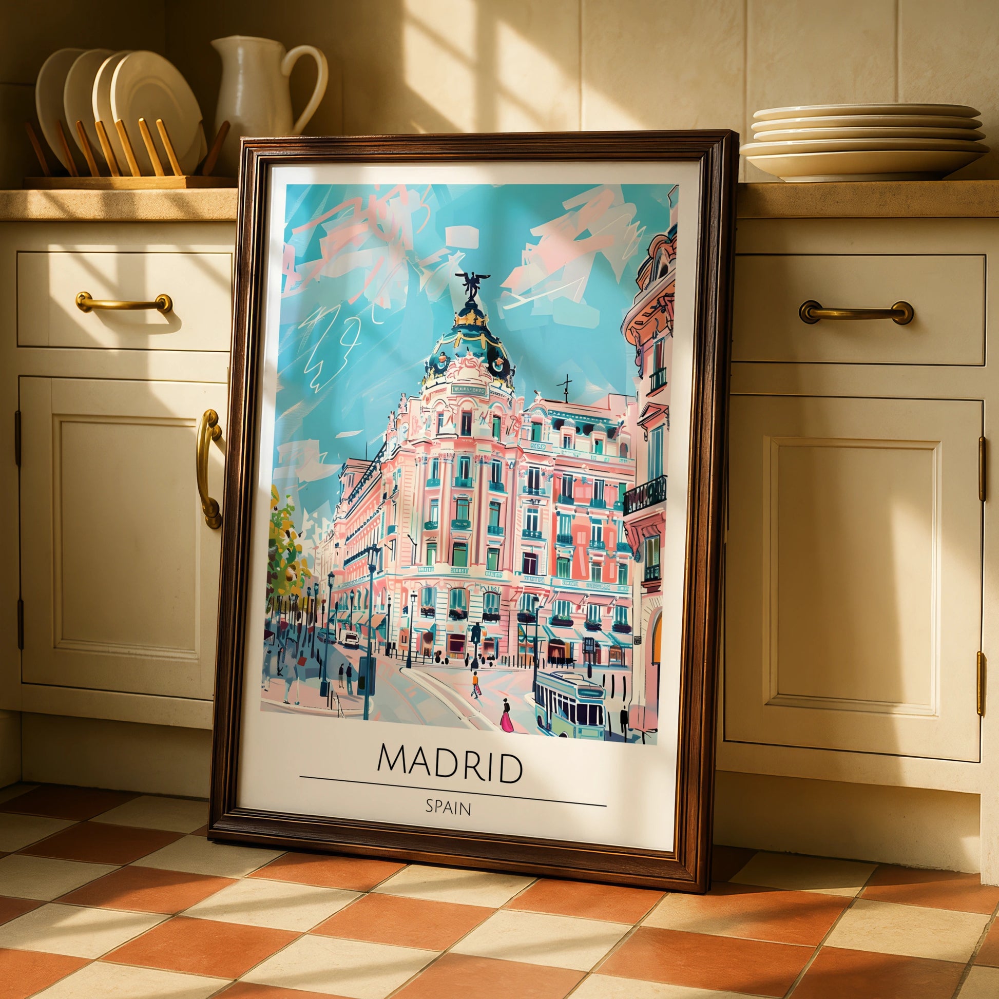 Vibrant Madrid Cityscape Poster, Colourful Spanish Architecture, Urban Art Print, Travel Decor