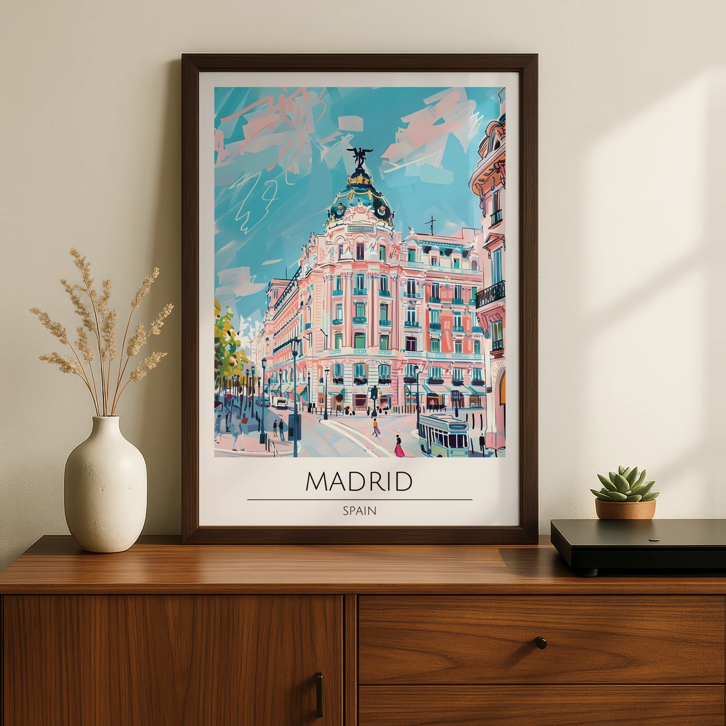 Vibrant Madrid Cityscape Poster, Colourful Spanish Architecture, Urban Art Print, Travel Decor