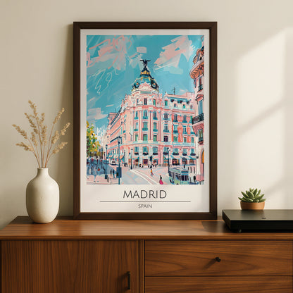 Vibrant Madrid Cityscape Poster, Colourful Spanish Architecture, Urban Art Print, Travel Decor