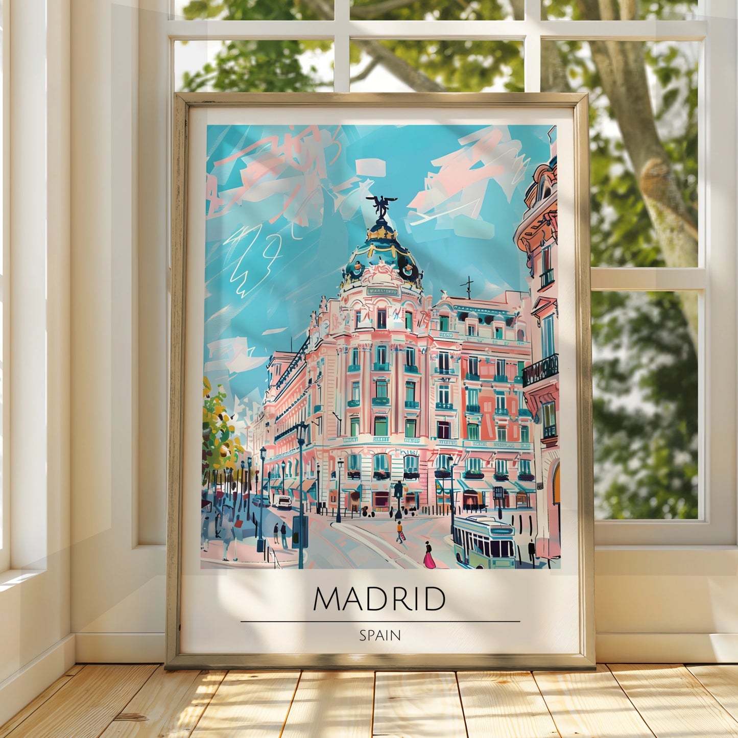 Vibrant Madrid Cityscape Poster, Colourful Spanish Architecture, Urban Art Print, Travel Decor