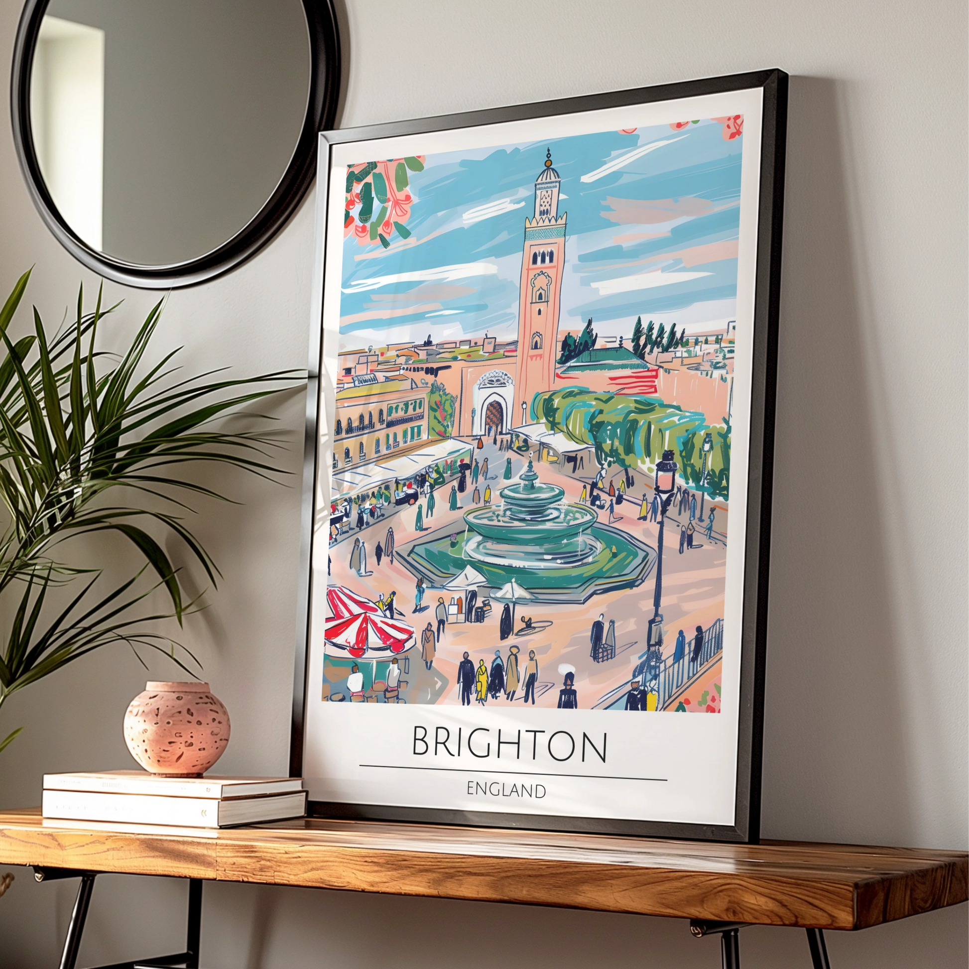 Brighton England Art Print, Colourful Market Scene Poster, Urban Landscape Decor, Fountain Artwork