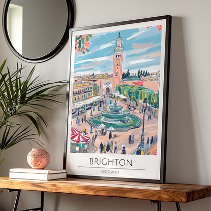 Brighton England Art Print, Colourful Market Scene Poster, Urban Landscape Decor, Fountain Artwork
