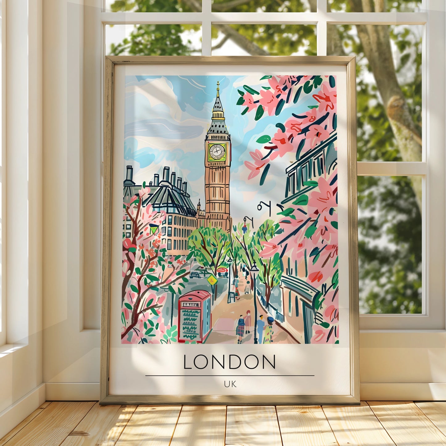 London Landmark Art Print, Big Ben Poster, UK Cityscape, Pink Cherry Blossom Decoration, Travel