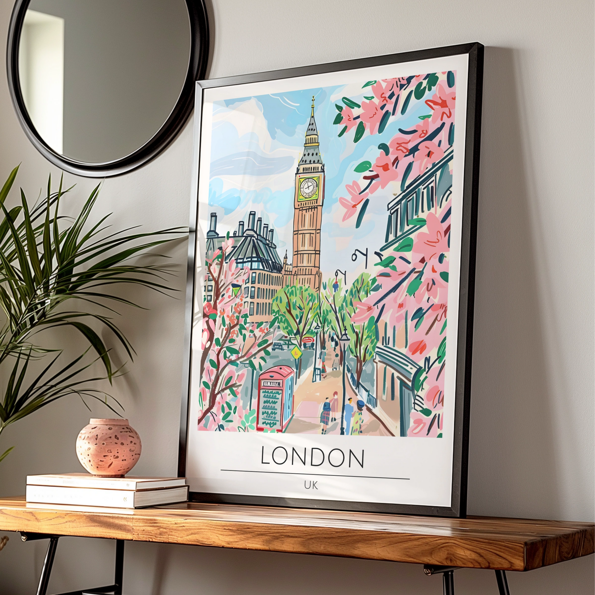London Landmark Art Print, Big Ben Poster, UK Cityscape, Pink Cherry Blossom Decoration, Travel