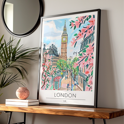 London Landmark Art Print, Big Ben Poster, UK Cityscape, Pink Cherry Blossom Decoration, Travel