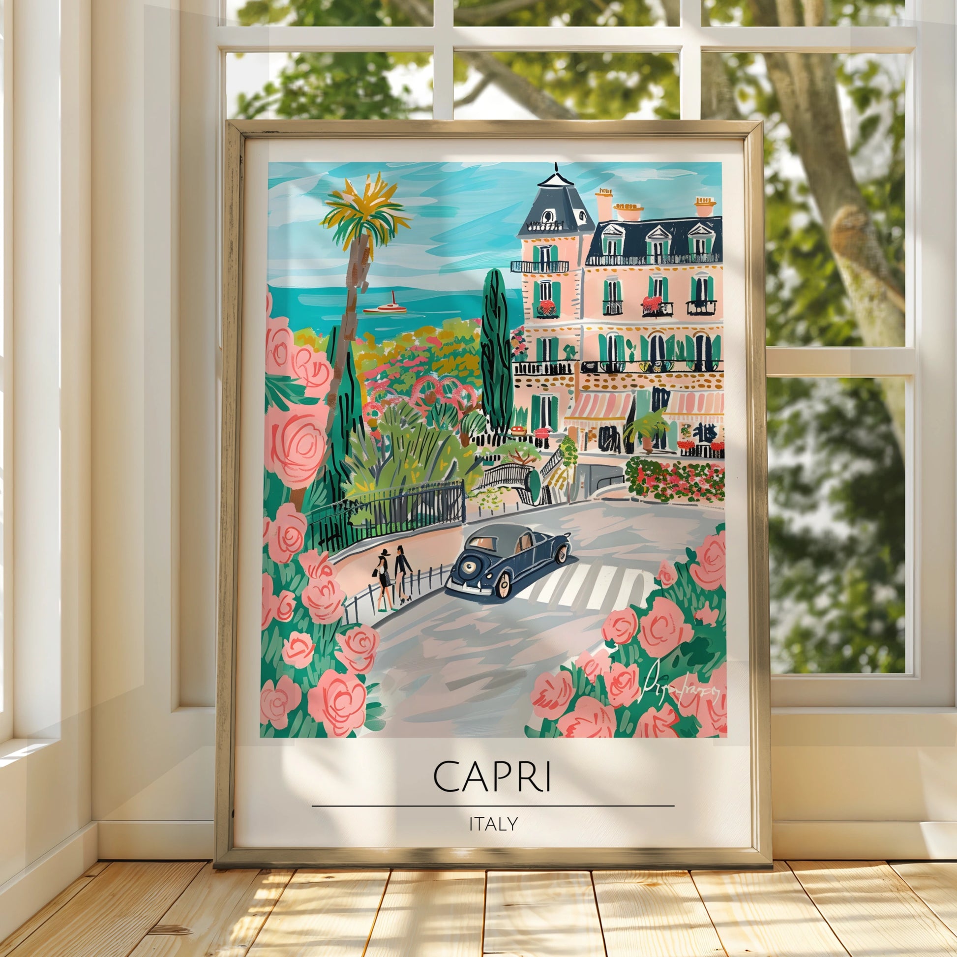 Capri Landscape Poster, Italian Art Print, Colourful Street Scene, Floral Decor, Coastal Wall Art