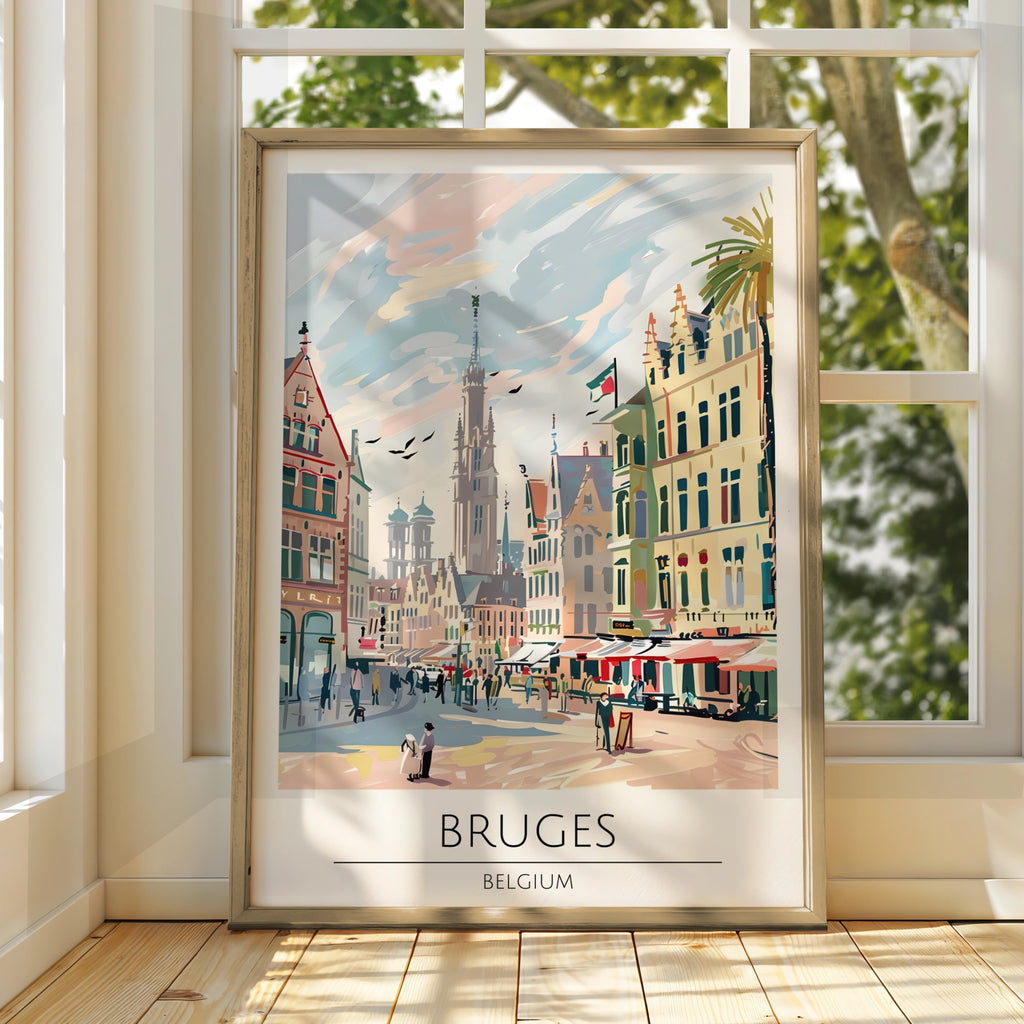 Bruges Belgium Poster, Colourful Maximalist Print of Belgian Cityscape, Vintage Travel Art