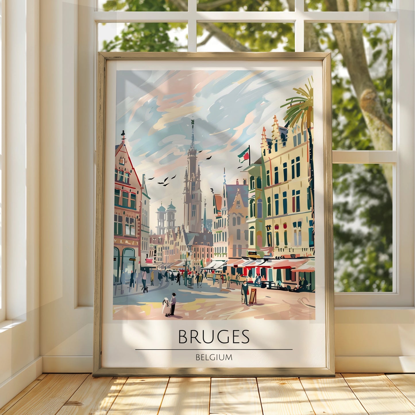 Bruges Belgium Poster, Colourful Maximalist Print of Belgian Cityscape, Vintage Travel Art