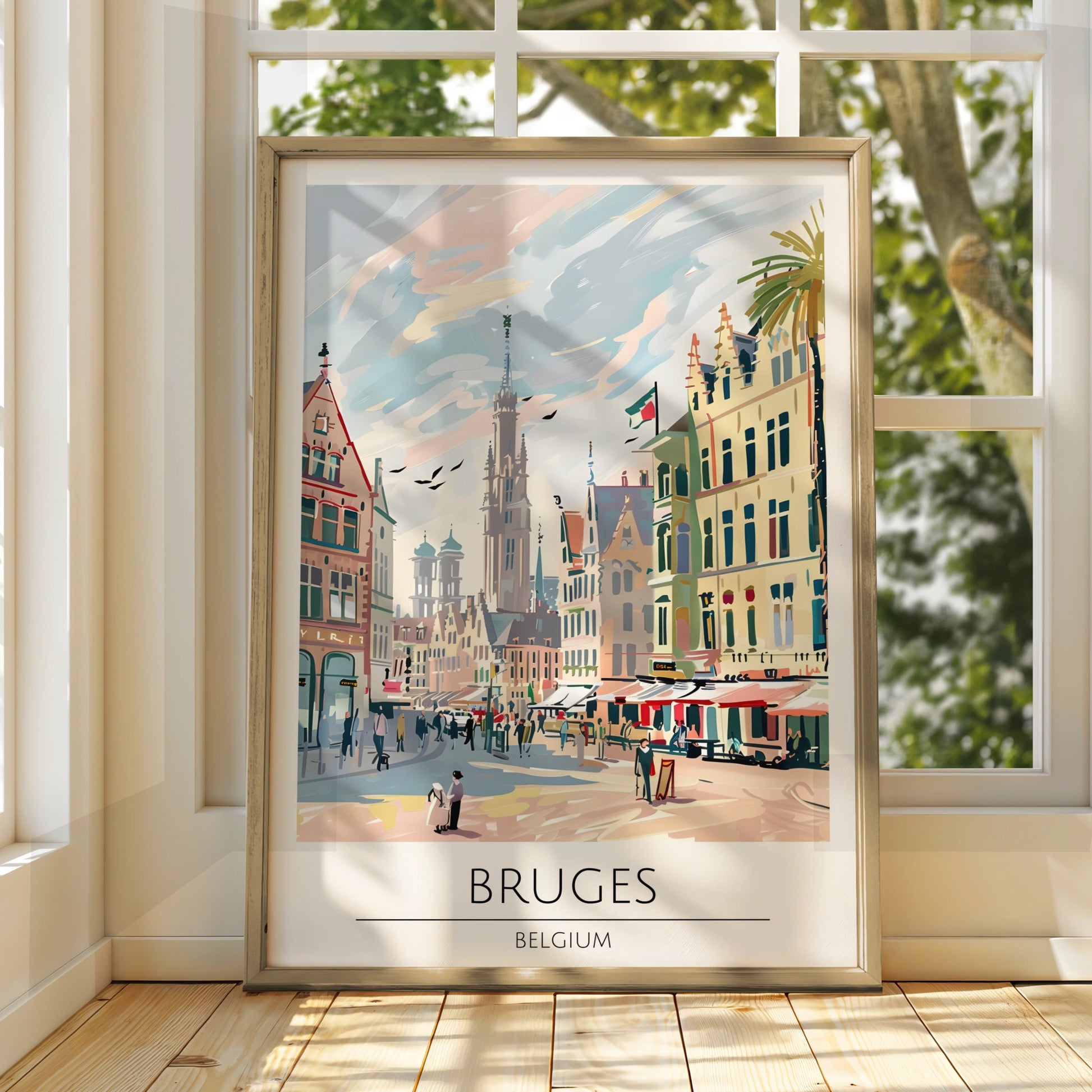 Bruges Belgium Poster, Colourful Maximalist Print of Belgian Cityscape, Vintage Travel Art