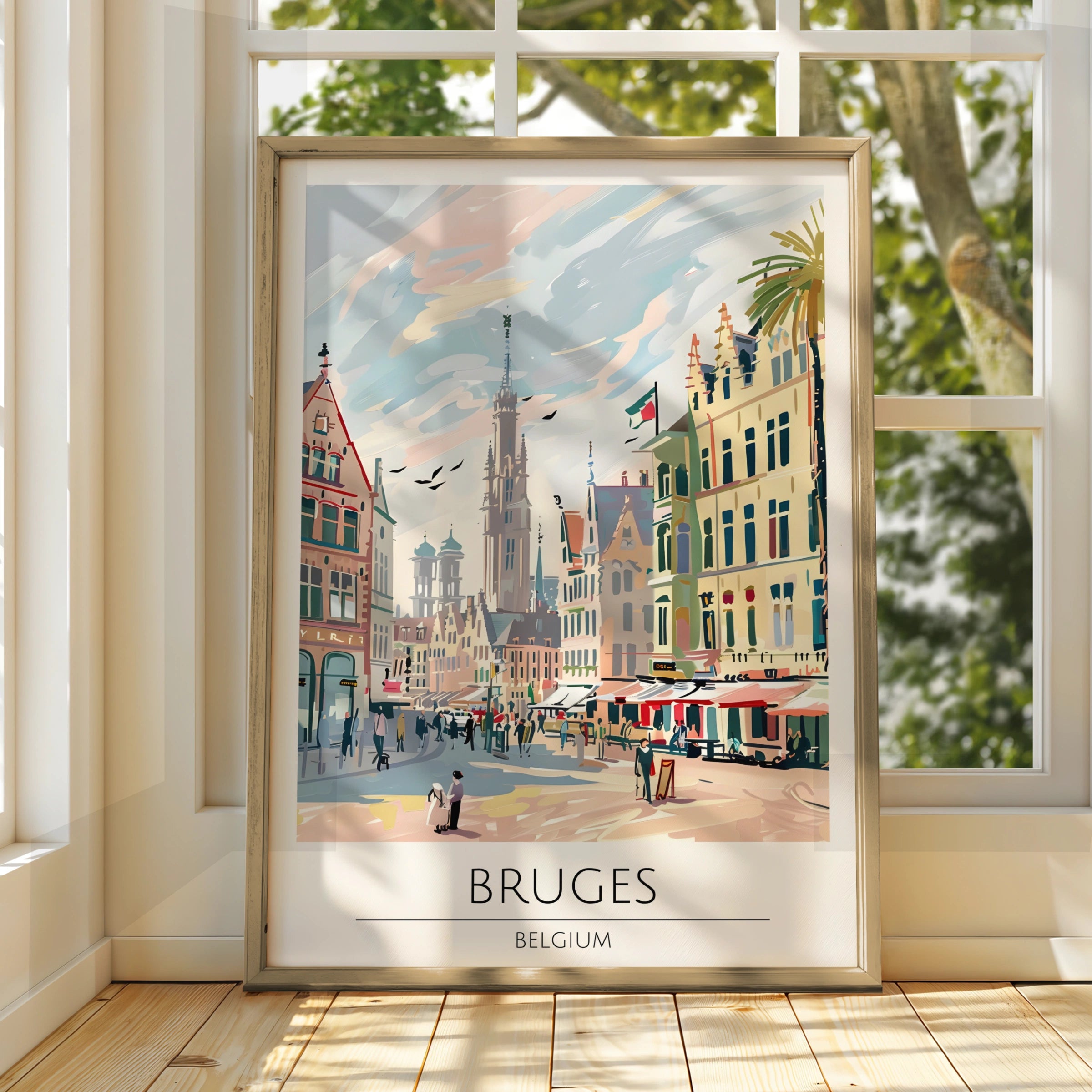 Bruges Belgium Poster, Colourful Maximalist Print of Belgian Cityscape, Vintage Travel Art