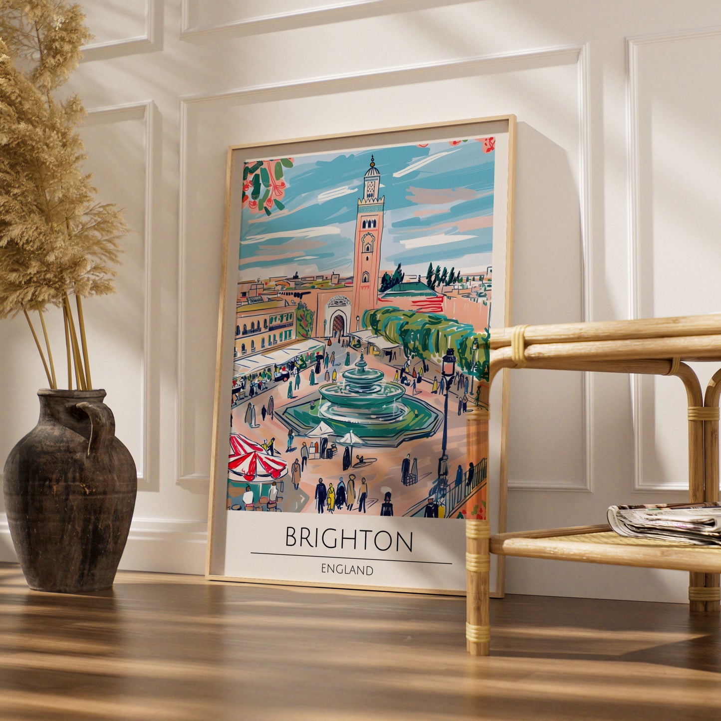 Brighton England Art Print, Colourful Market Scene Poster, Urban Landscape Decor, Fountain Artwork