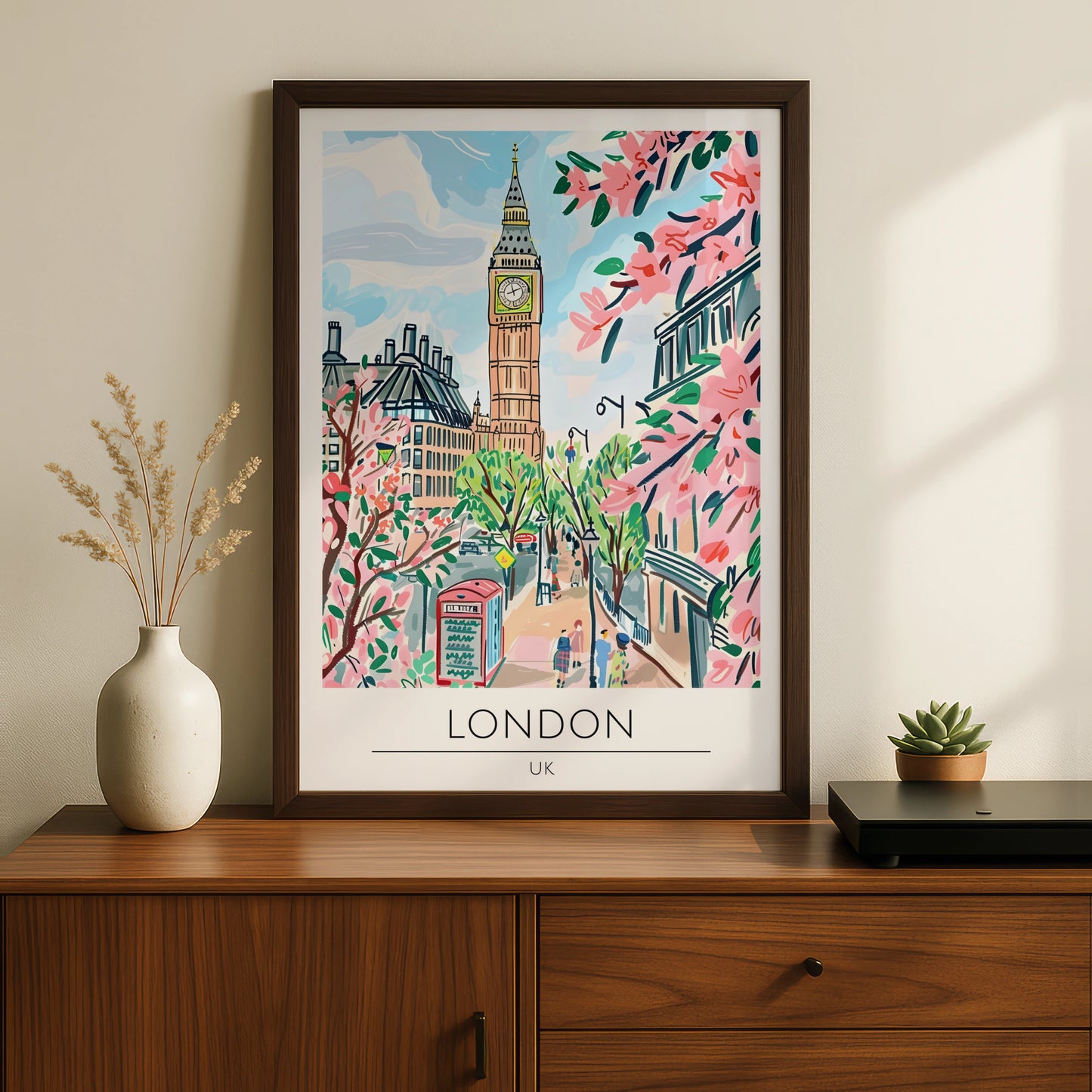 London Landmark Art Print, Big Ben Poster, UK Cityscape, Pink Cherry Blossom Decoration, Travel