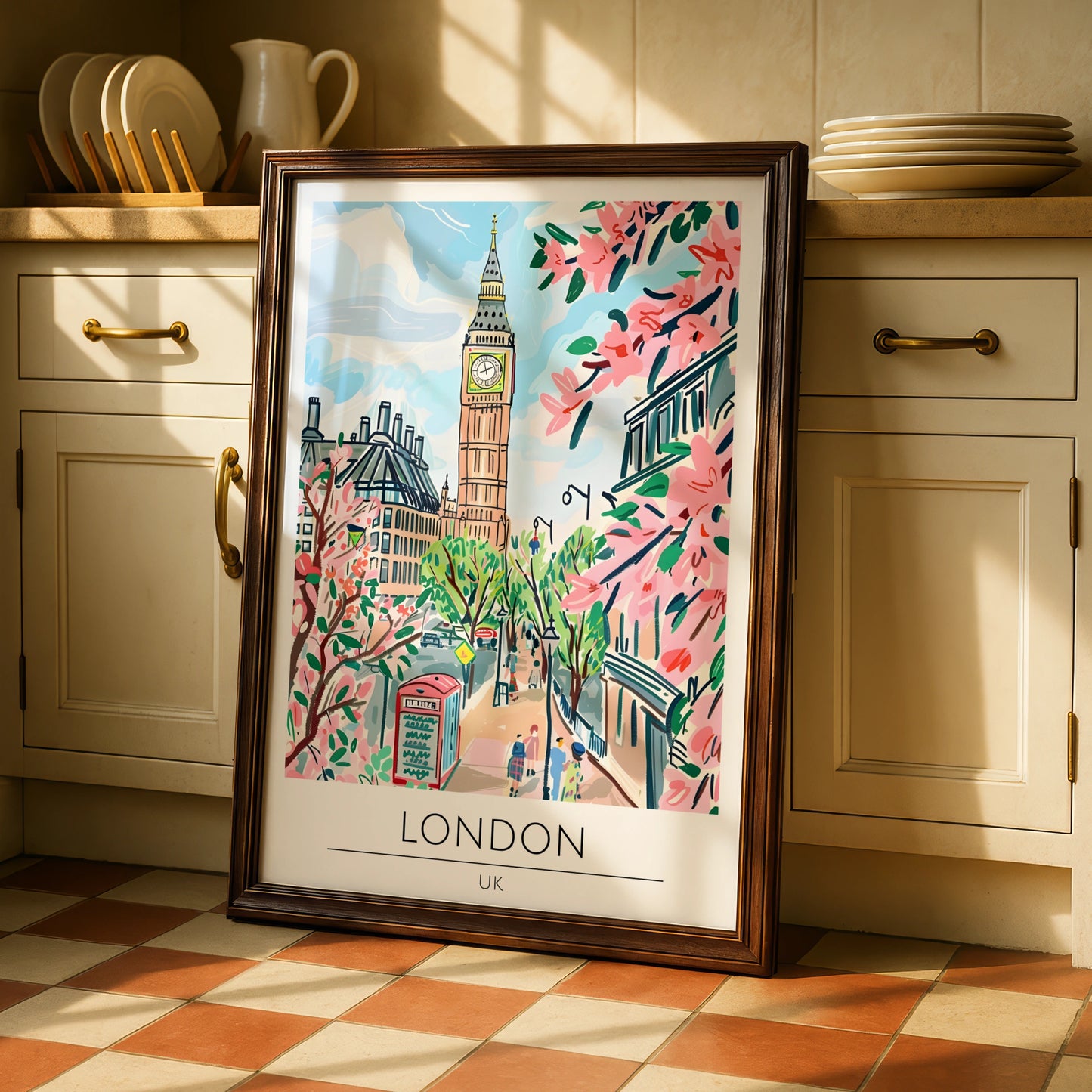 London Landmark Art Print, Big Ben Poster, UK Cityscape, Pink Cherry Blossom Decoration, Travel