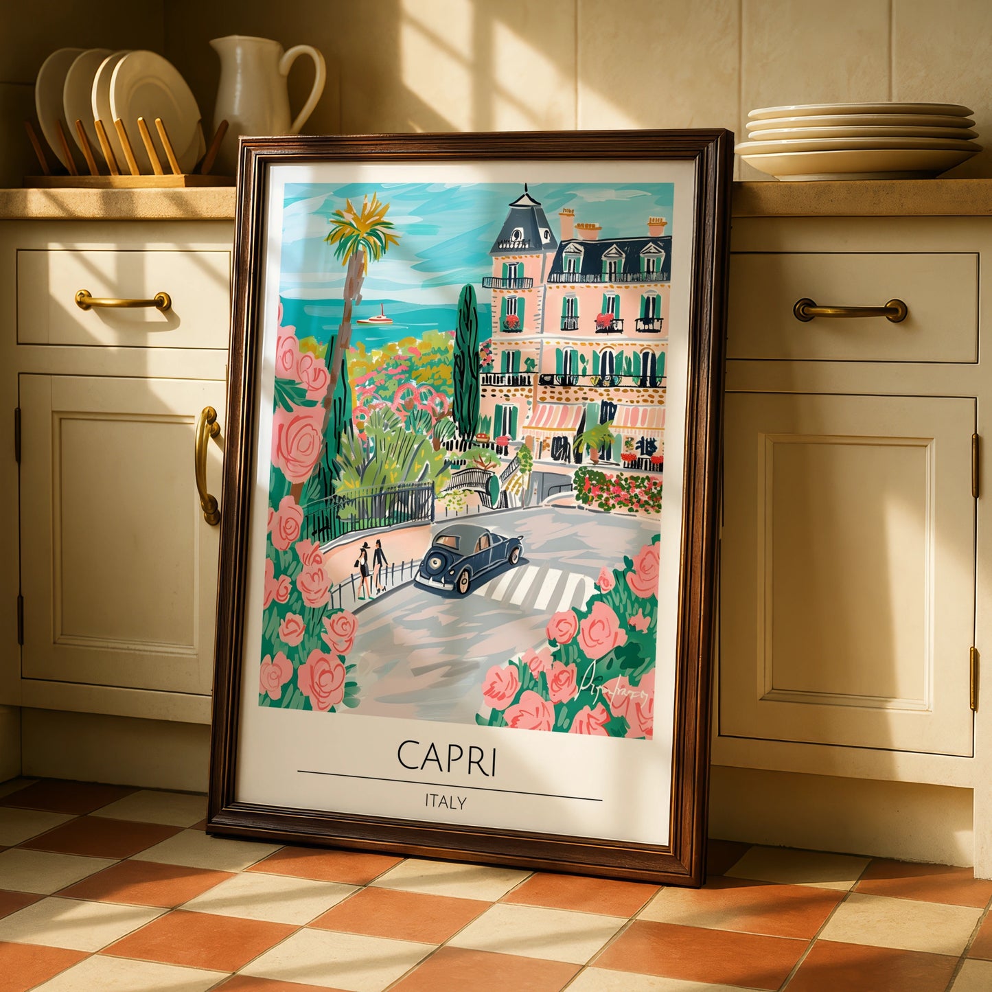 Capri Landscape Poster, Italian Art Print, Colourful Street Scene, Floral Decor, Coastal Wall Art