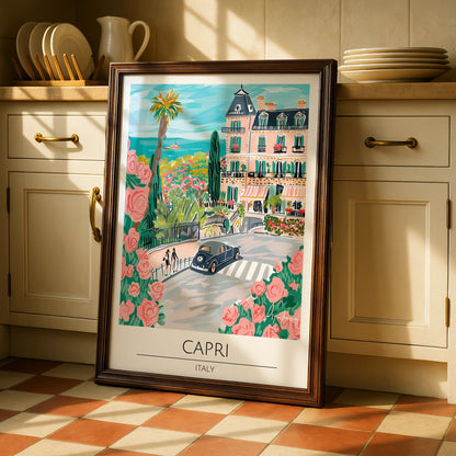 Capri Landscape Poster, Italian Art Print, Colourful Street Scene, Floral Decor, Coastal Wall Art