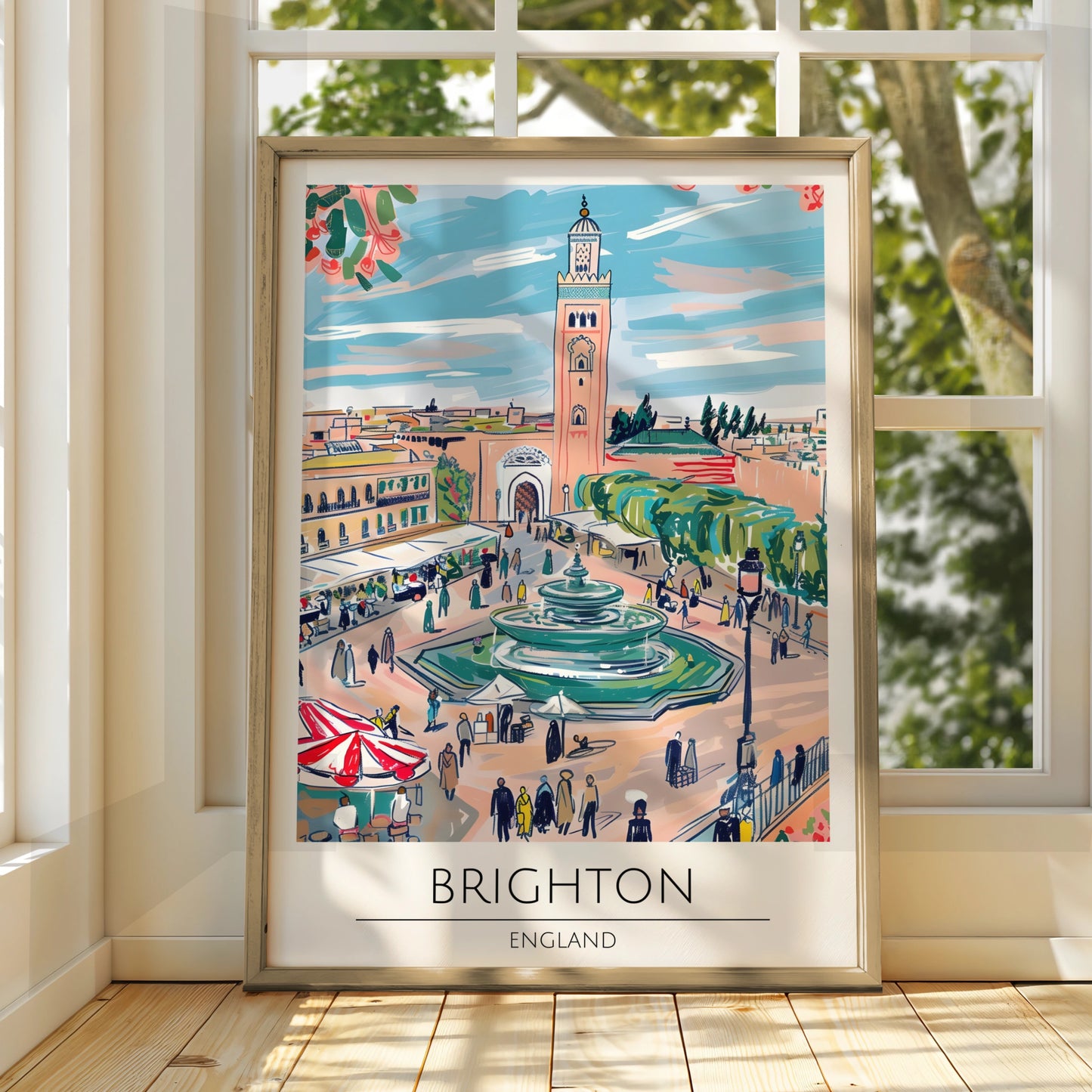 Brighton England Art Print, Colourful Market Scene Poster, Urban Landscape Decor, Fountain Artwork