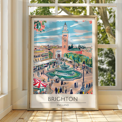 Brighton England Art Print, Colourful Market Scene Poster, Urban Landscape Decor, Fountain Artwork
