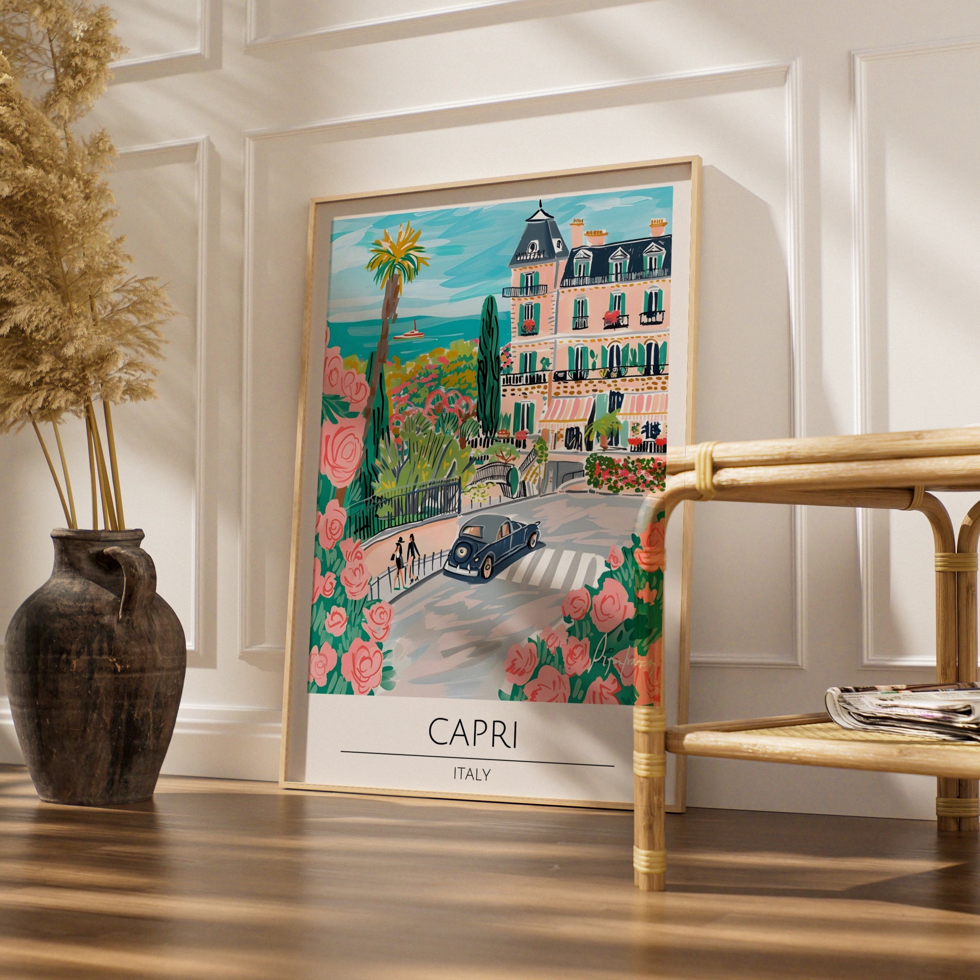 Capri Landscape Poster, Italian Art Print, Colourful Street Scene, Floral Decor, Coastal Wall Art