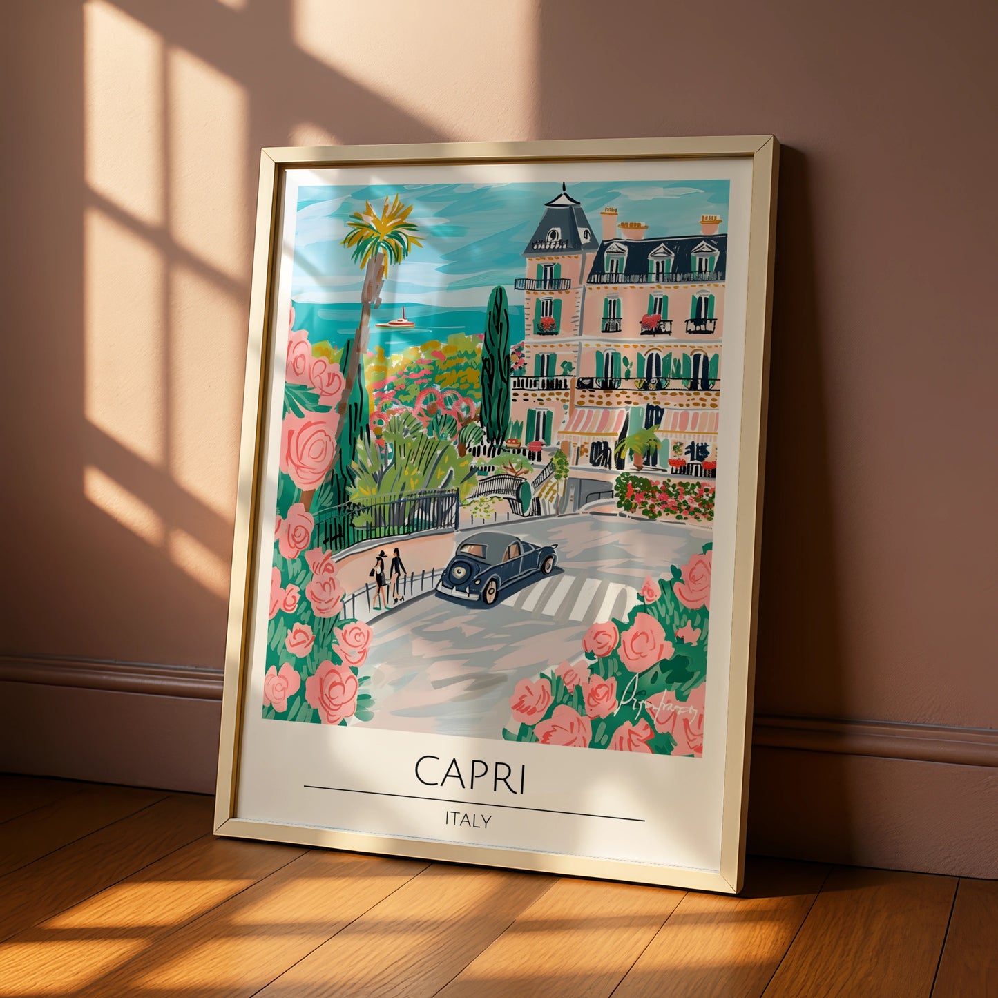 Capri Landscape Poster, Italian Art Print, Colourful Street Scene, Floral Decor, Coastal Wall Art