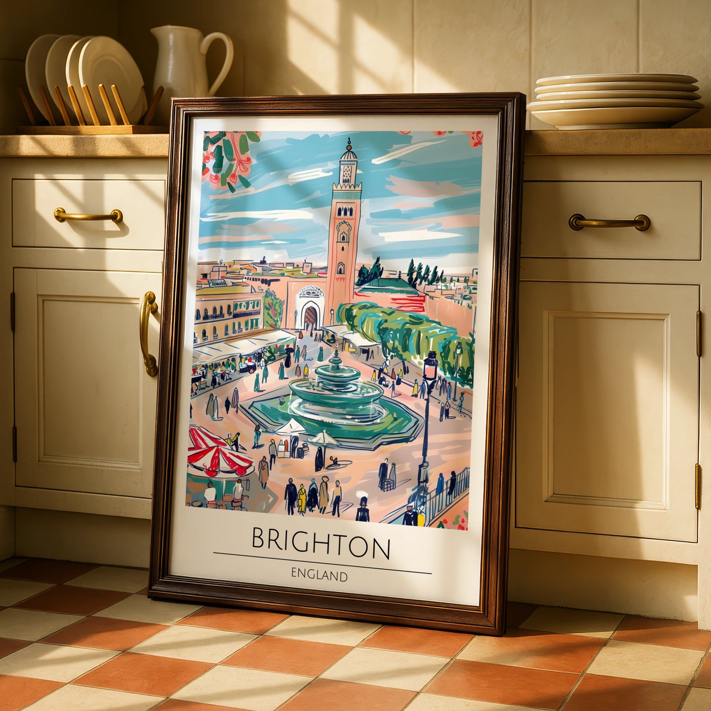 Brighton England Art Print, Colourful Market Scene Poster, Urban Landscape Decor, Fountain Artwork