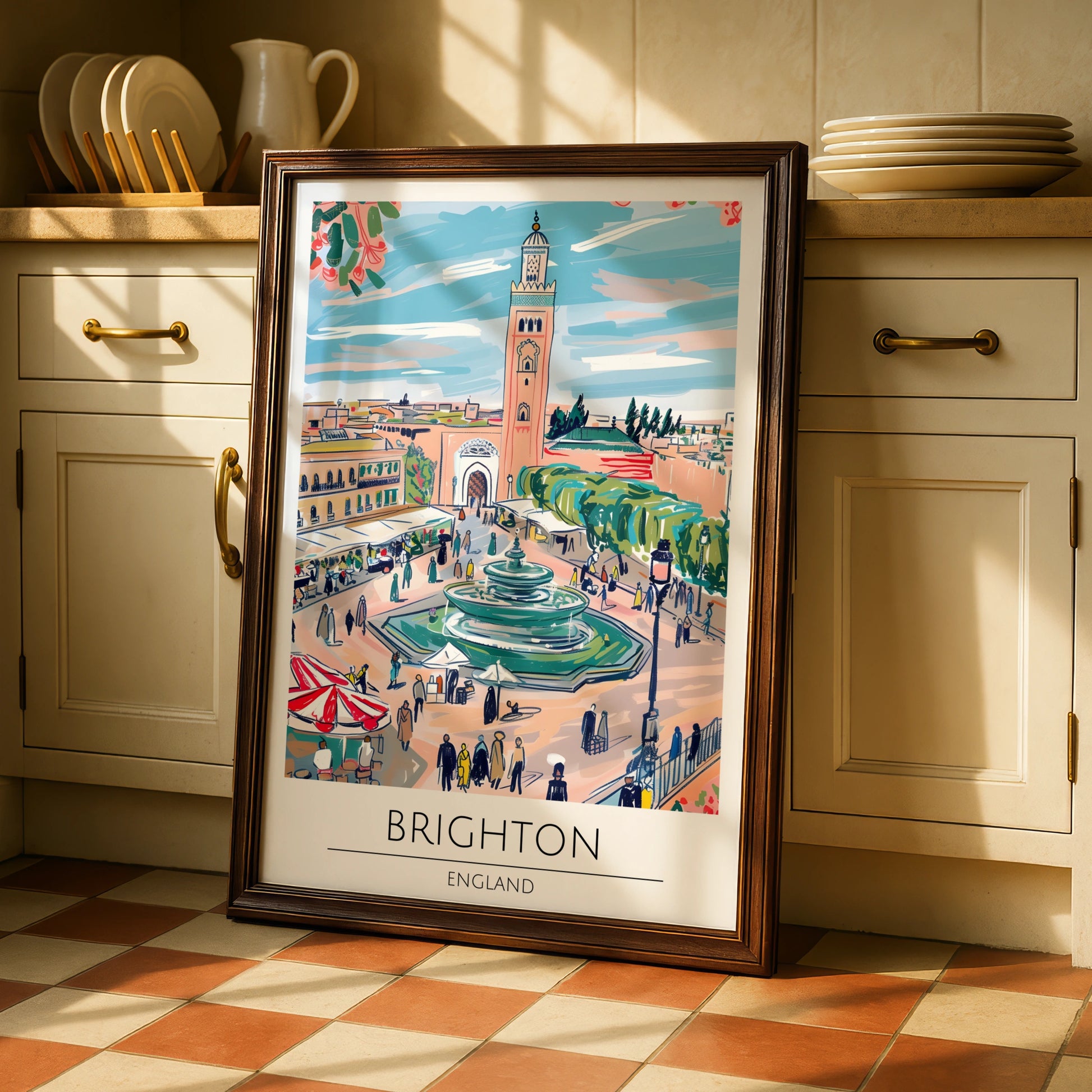 Brighton England Art Print, Colourful Market Scene Poster, Urban Landscape Decor, Fountain Artwork