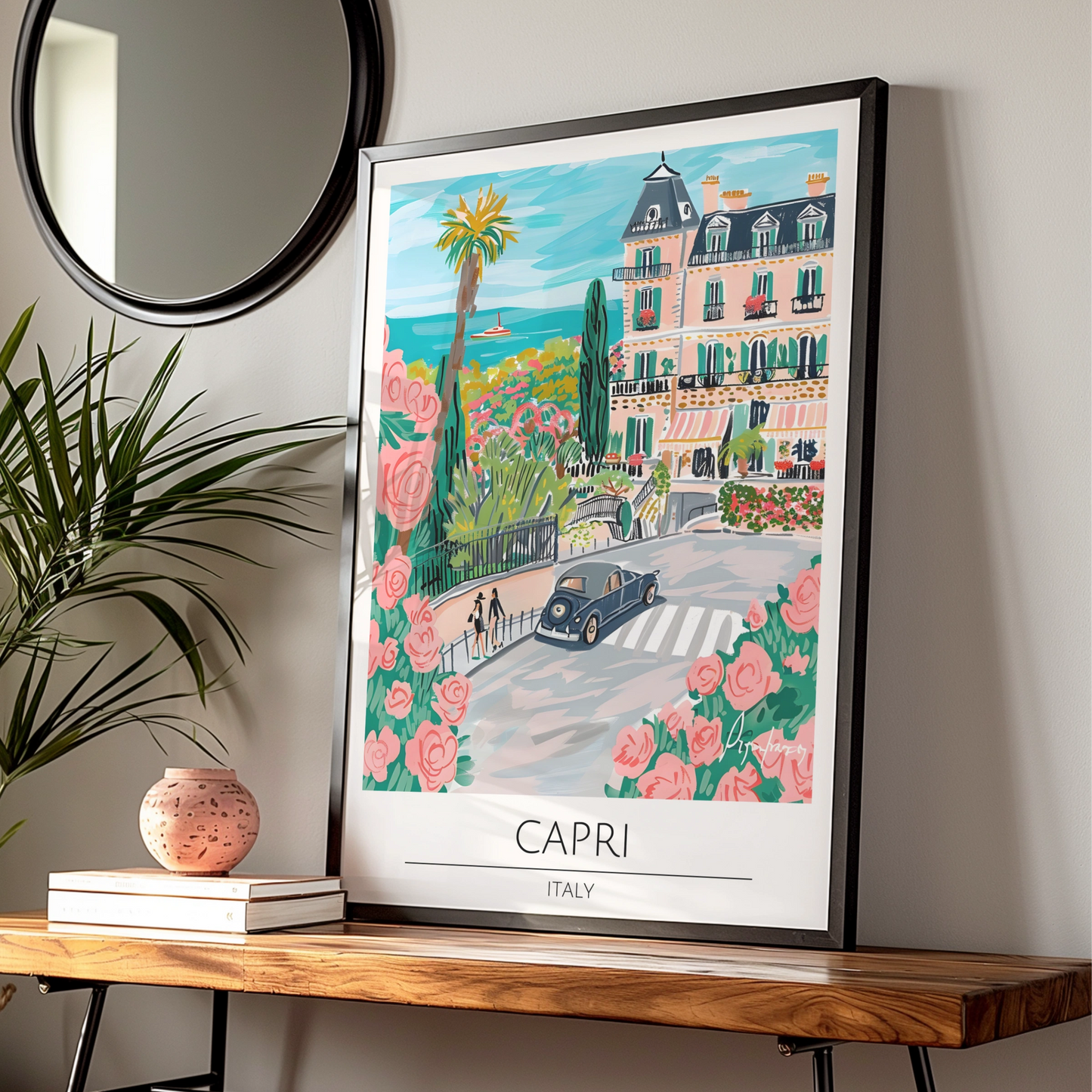 Capri Landscape Poster, Italian Art Print, Colourful Street Scene, Floral Decor, Coastal Wall Art