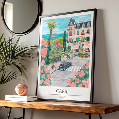Capri Landscape Poster, Italian Art Print, Colourful Street Scene, Floral Decor, Coastal Wall Art
