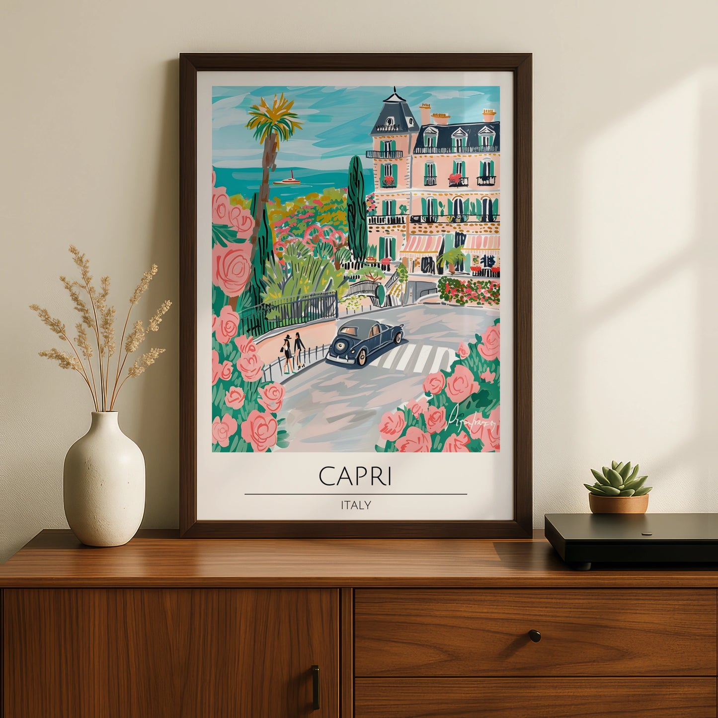 Capri Landscape Poster, Italian Art Print, Colourful Street Scene, Floral Decor, Coastal Wall Art