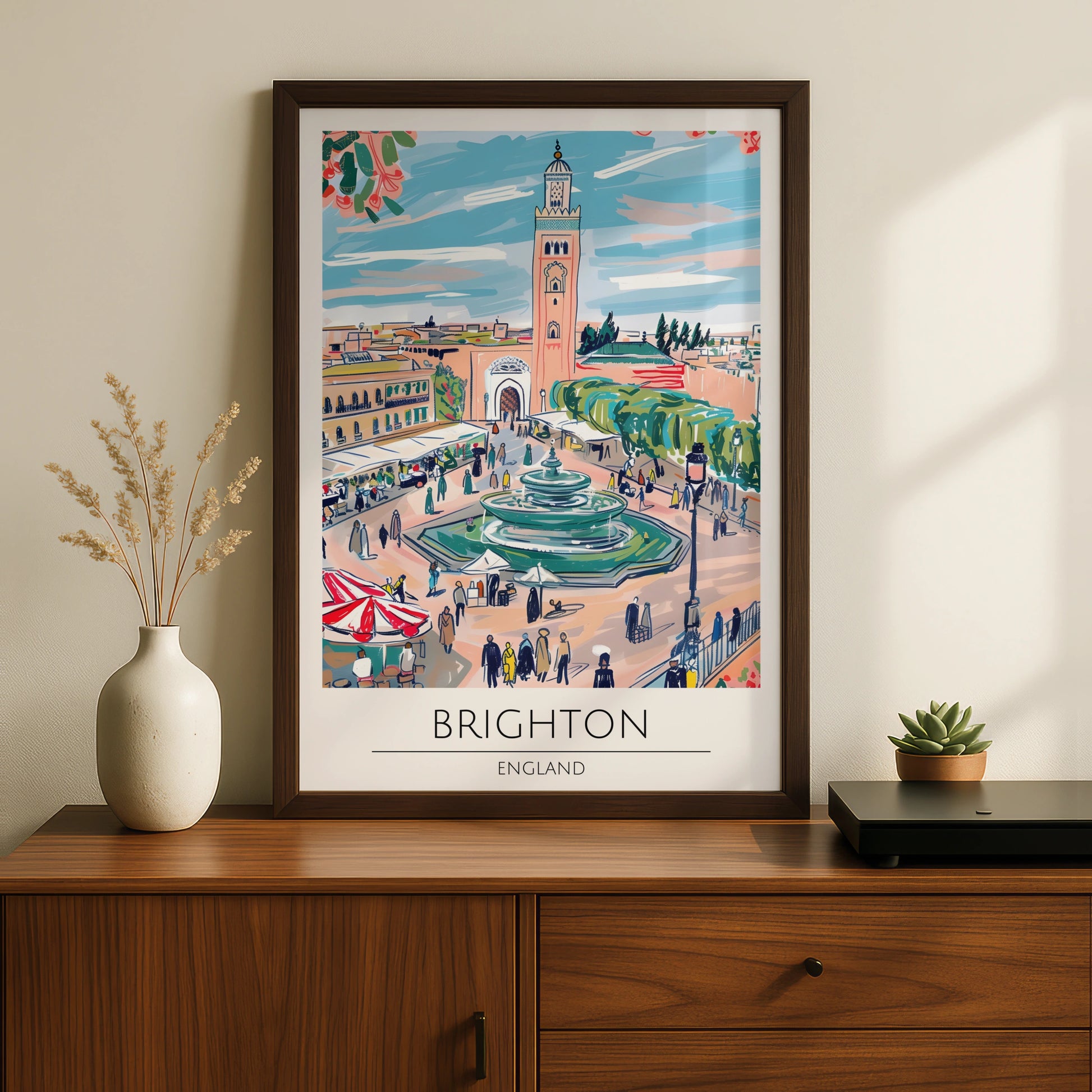 Brighton England Art Print, Colourful Market Scene Poster, Urban Landscape Decor, Fountain Artwork