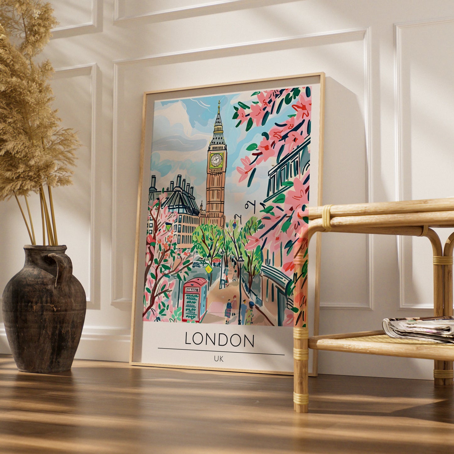 London Landmark Art Print, Big Ben Poster, UK Cityscape, Pink Cherry Blossom Decoration, Travel