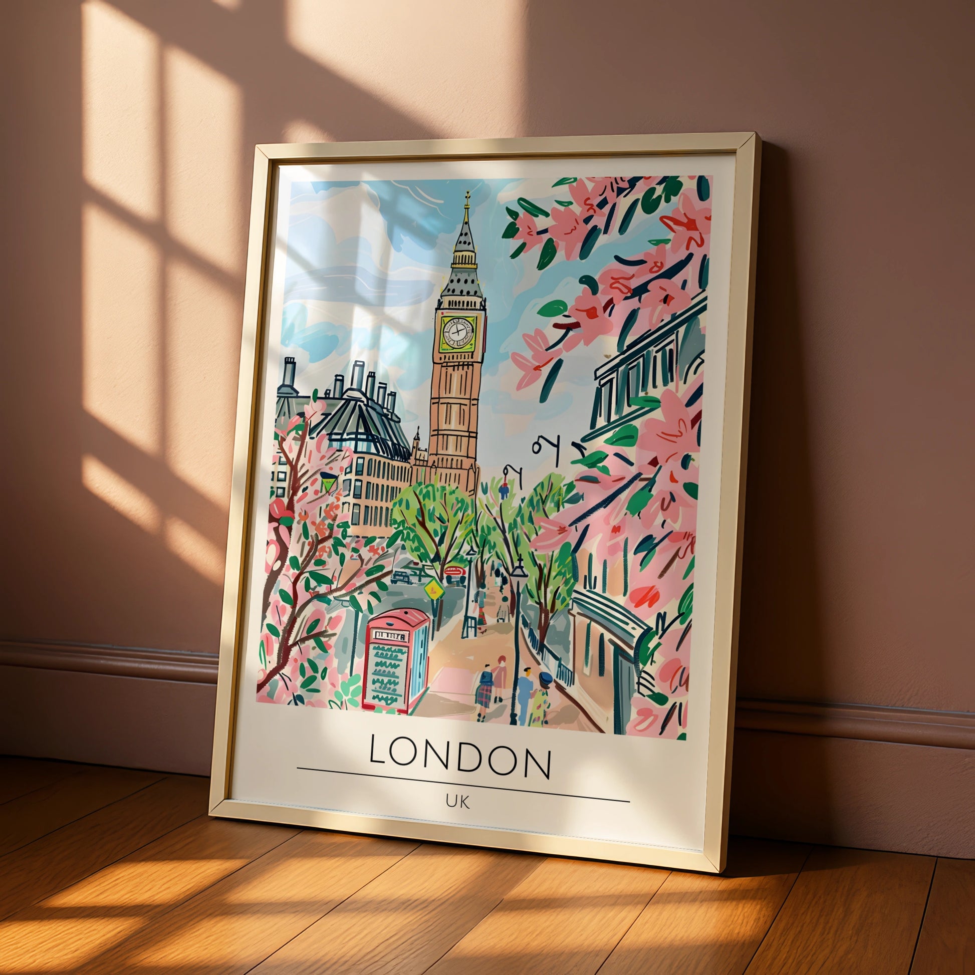 London Landmark Art Print, Big Ben Poster, UK Cityscape, Pink Cherry Blossom Decoration, Travel