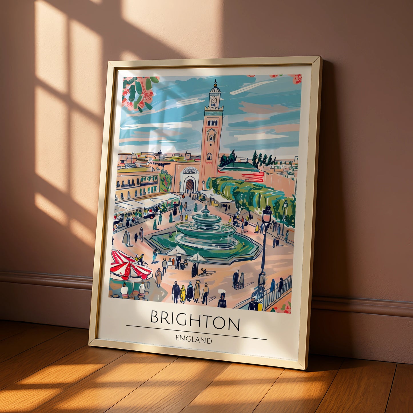 Brighton England Art Print, Colourful Market Scene Poster, Urban Landscape Decor, Fountain Artwork