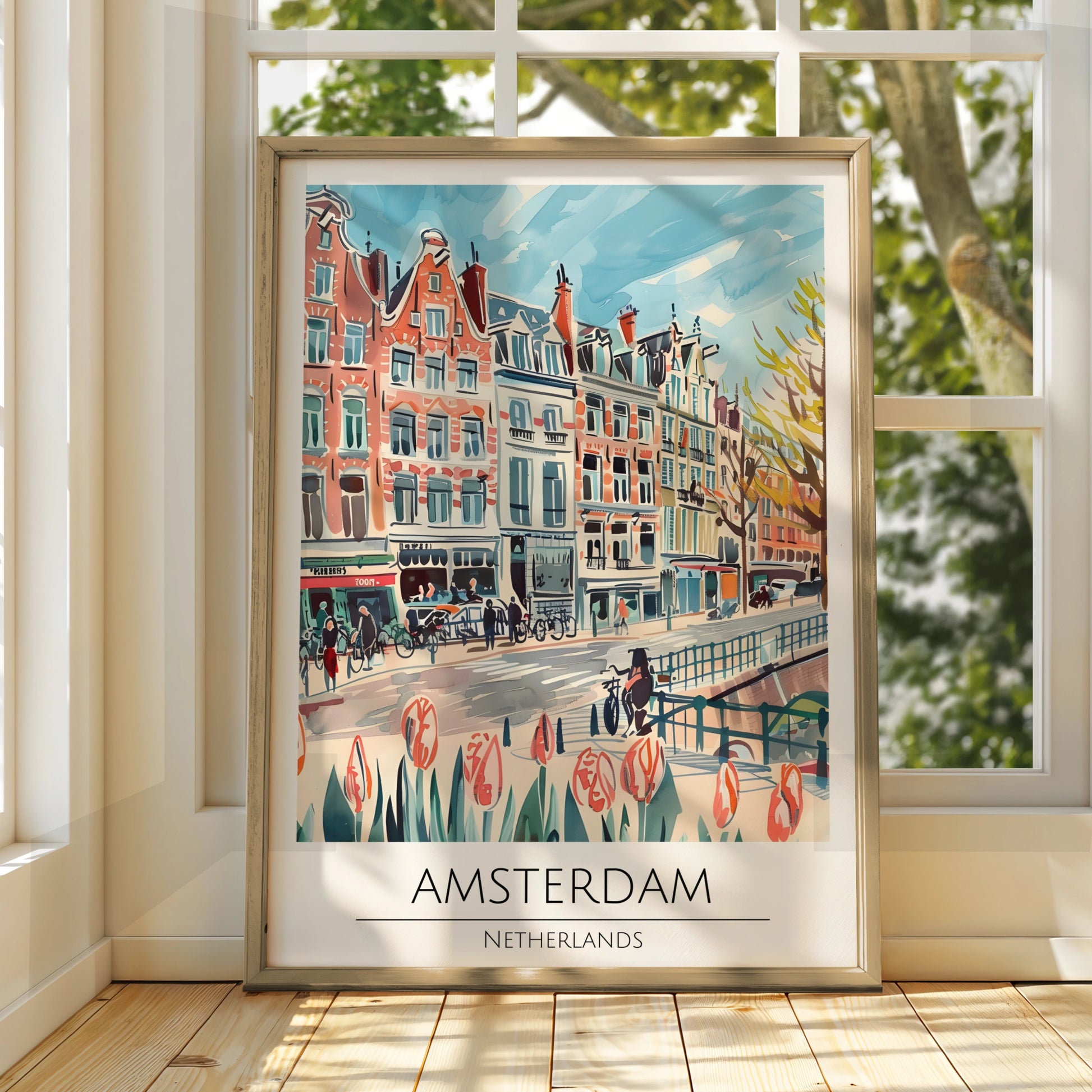 Amsterdam Cityscape Poster, Colourful Art Print of Netherlands, Urban Wall Decor, Maximalist Art