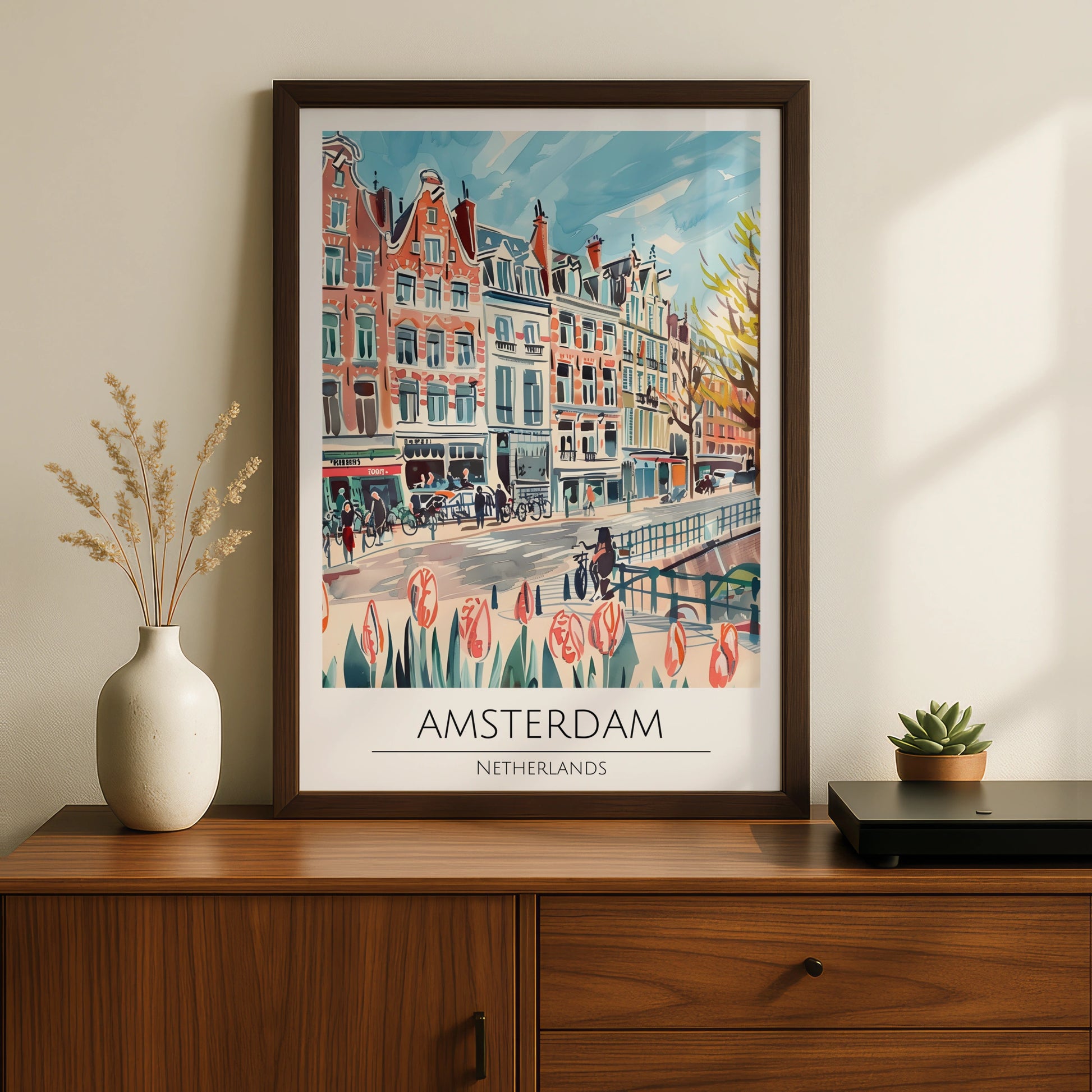 Amsterdam Cityscape Poster, Colourful Art Print of Netherlands, Urban Wall Decor, Maximalist Art