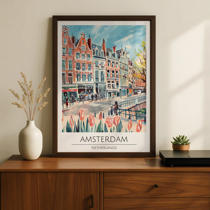 Amsterdam Cityscape Poster, Colourful Art Print of Netherlands, Urban Wall Decor, Maximalist Art