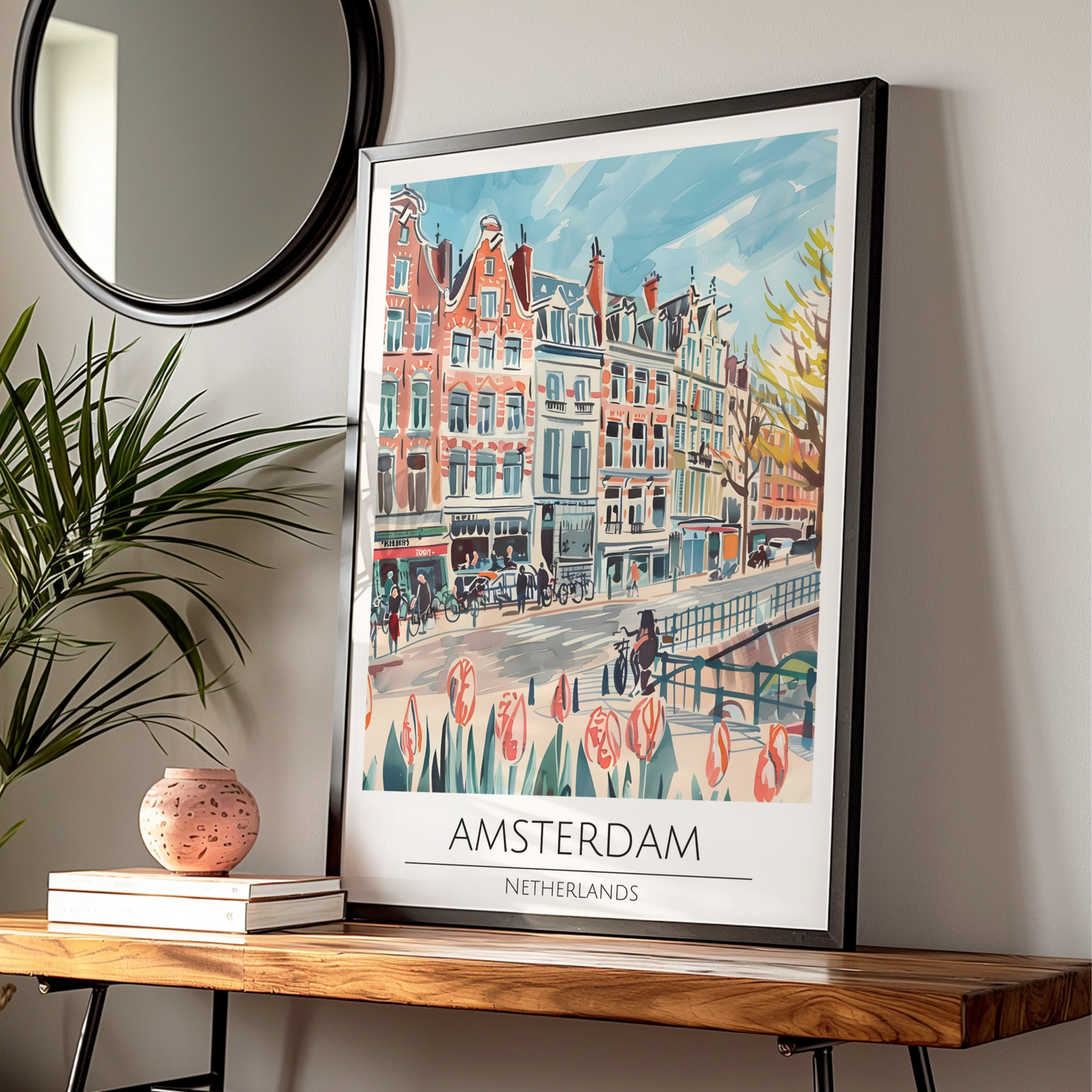 Amsterdam Cityscape Poster, Colourful Art Print of Netherlands, Urban Wall Decor, Maximalist Art