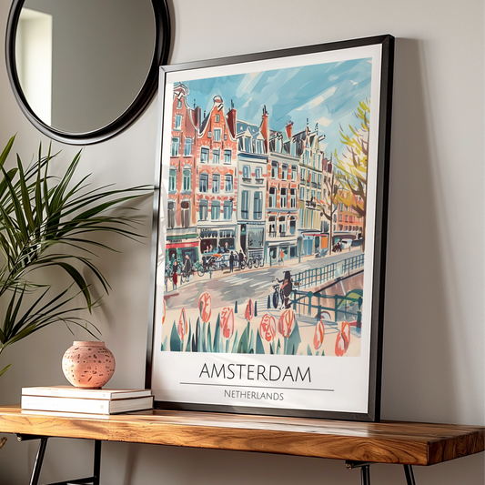 Amsterdam Cityscape Poster, Colourful Art Print of Netherlands, Urban Wall Decor, Maximalist Art