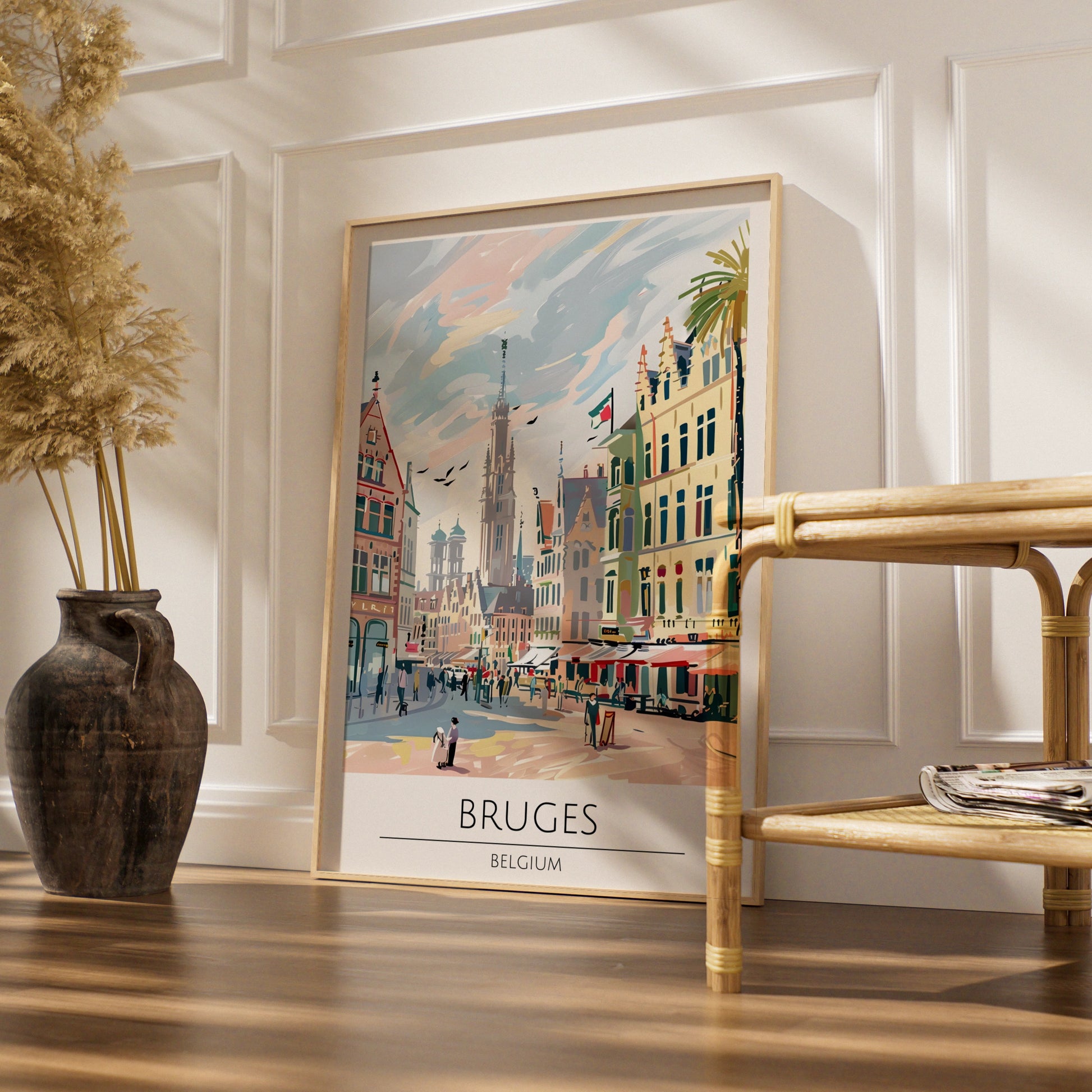 Bruges Belgium Poster, Colourful Maximalist Print of Belgian Cityscape, Vintage Travel Art