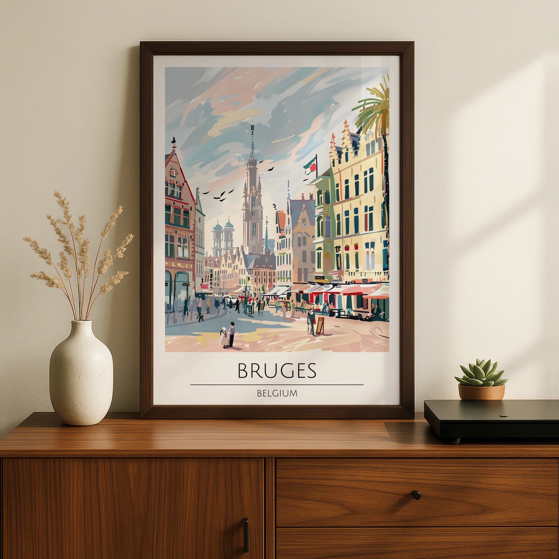 Bruges Belgium Poster, Colourful Maximalist Print of Belgian Cityscape, Vintage Travel Art