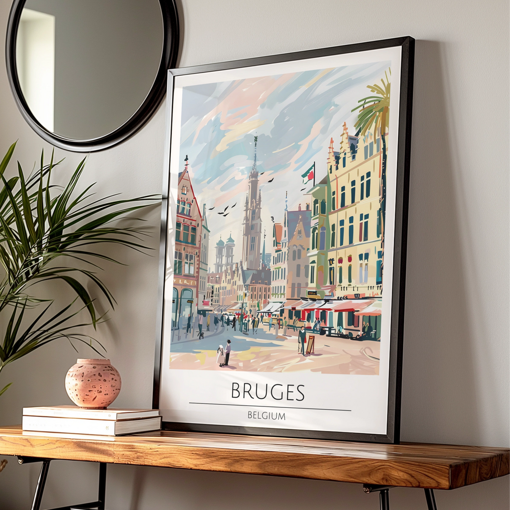Bruges Belgium Poster, Colourful Maximalist Print of Belgian Cityscape, Vintage Travel Art
