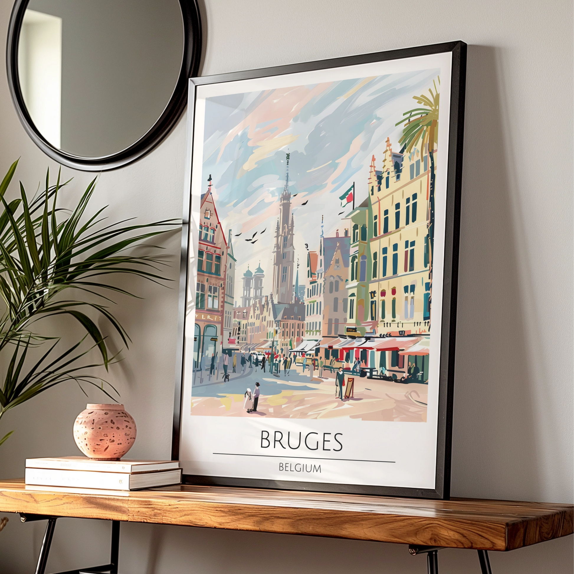 Bruges Belgium Poster, Colourful Maximalist Print of Belgian Cityscape, Vintage Travel Art