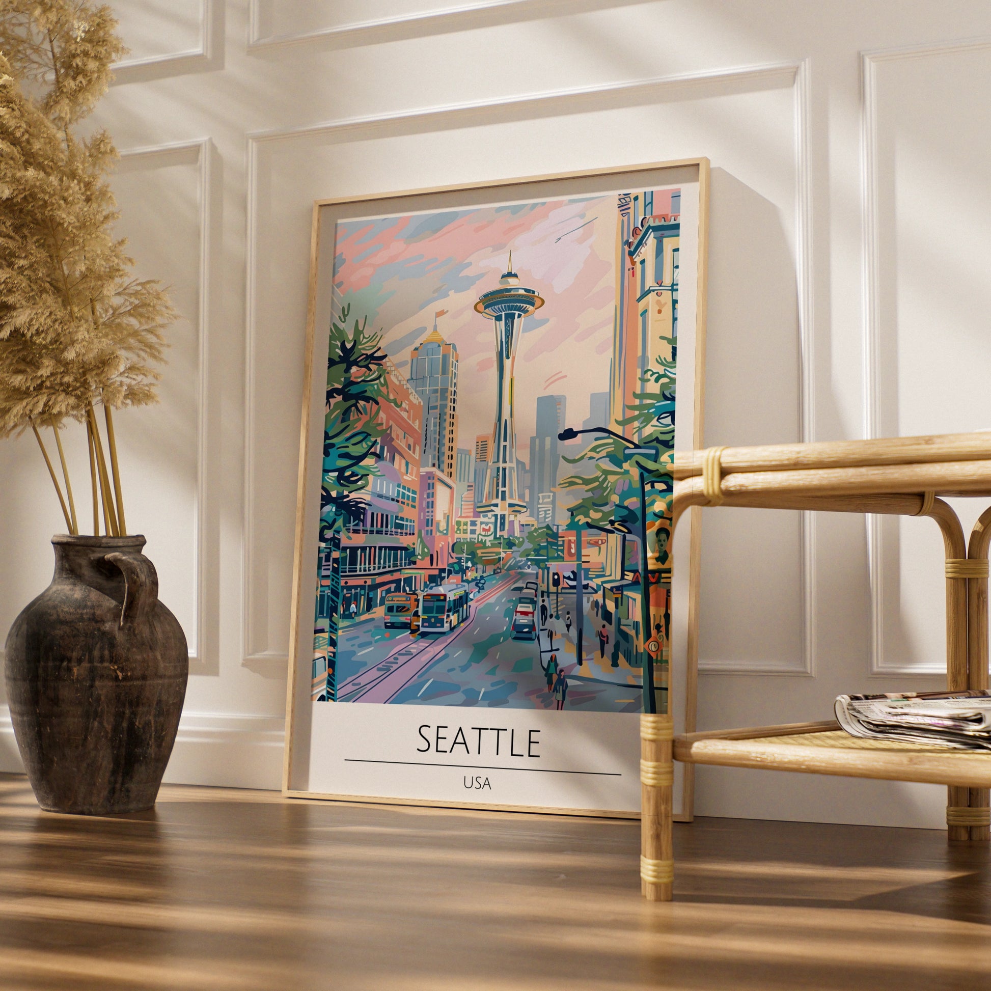 Seattle City View Poster, Colourful Artwork of Space Needle, Urban Wall Art, USA Decor, Modern Art