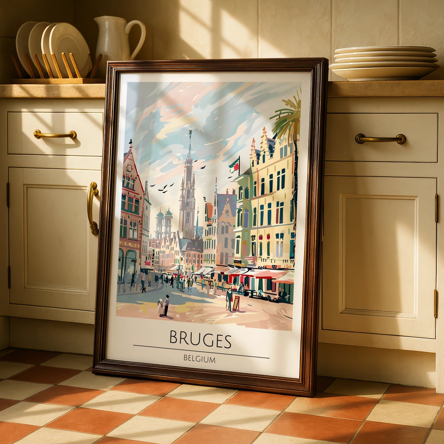 Bruges Belgium Poster, Colourful Maximalist Print of Belgian Cityscape, Vintage Travel Art