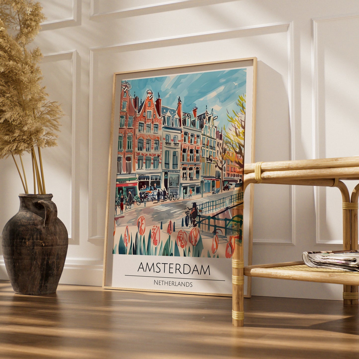 Amsterdam Cityscape Poster, Colourful Art Print of Netherlands, Urban Wall Decor, Maximalist Art