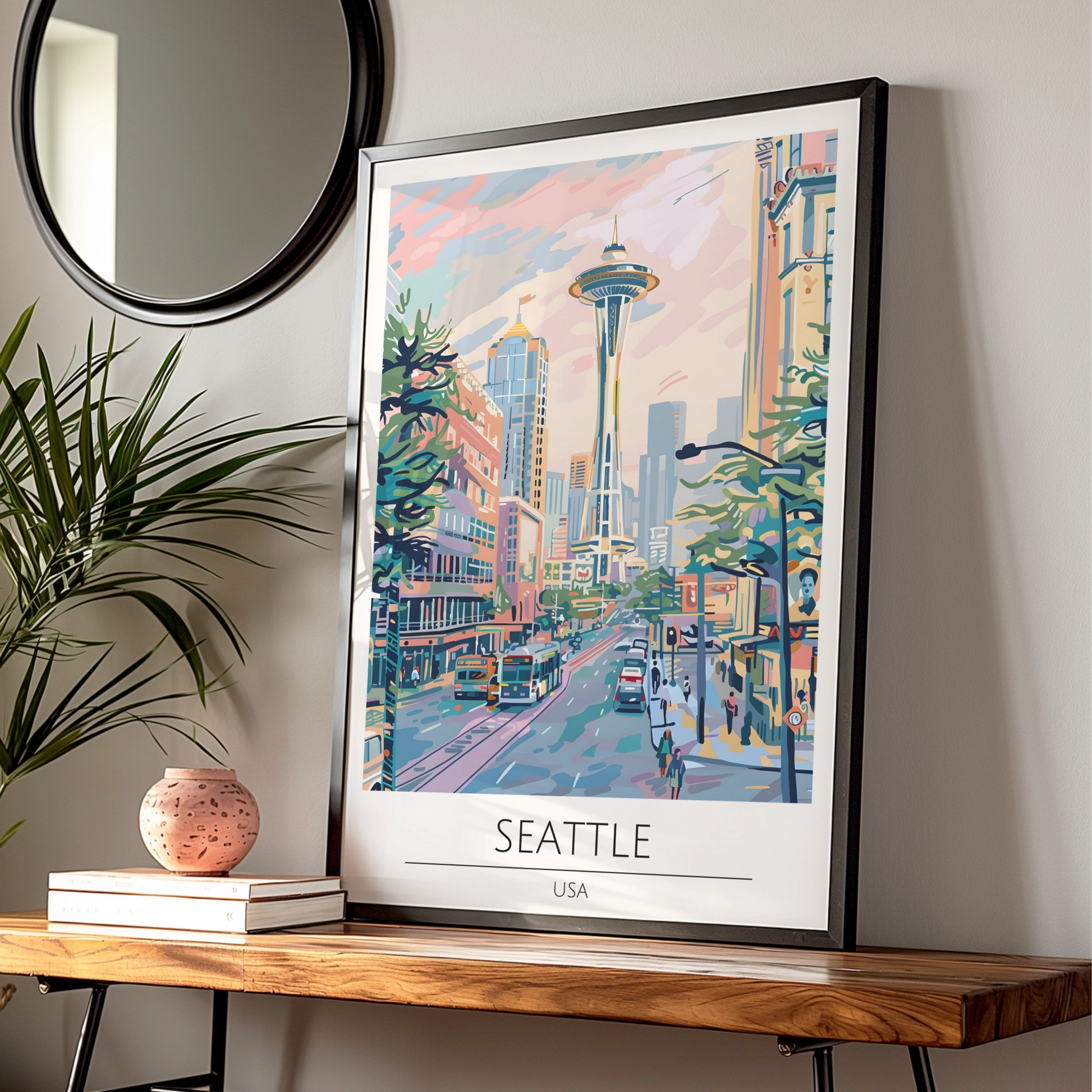 Seattle City View Poster, Colourful Artwork of Space Needle, Urban Wall Art, USA Decor, Modern Art