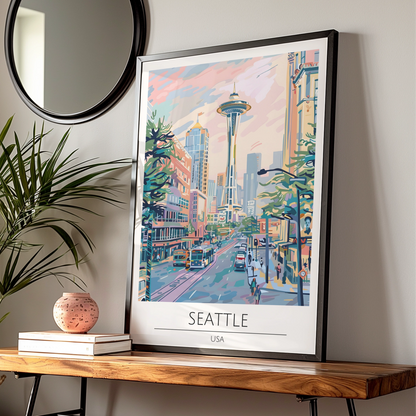 Seattle City View Poster, Colourful Artwork of Space Needle, Urban Wall Art, USA Decor, Modern Art