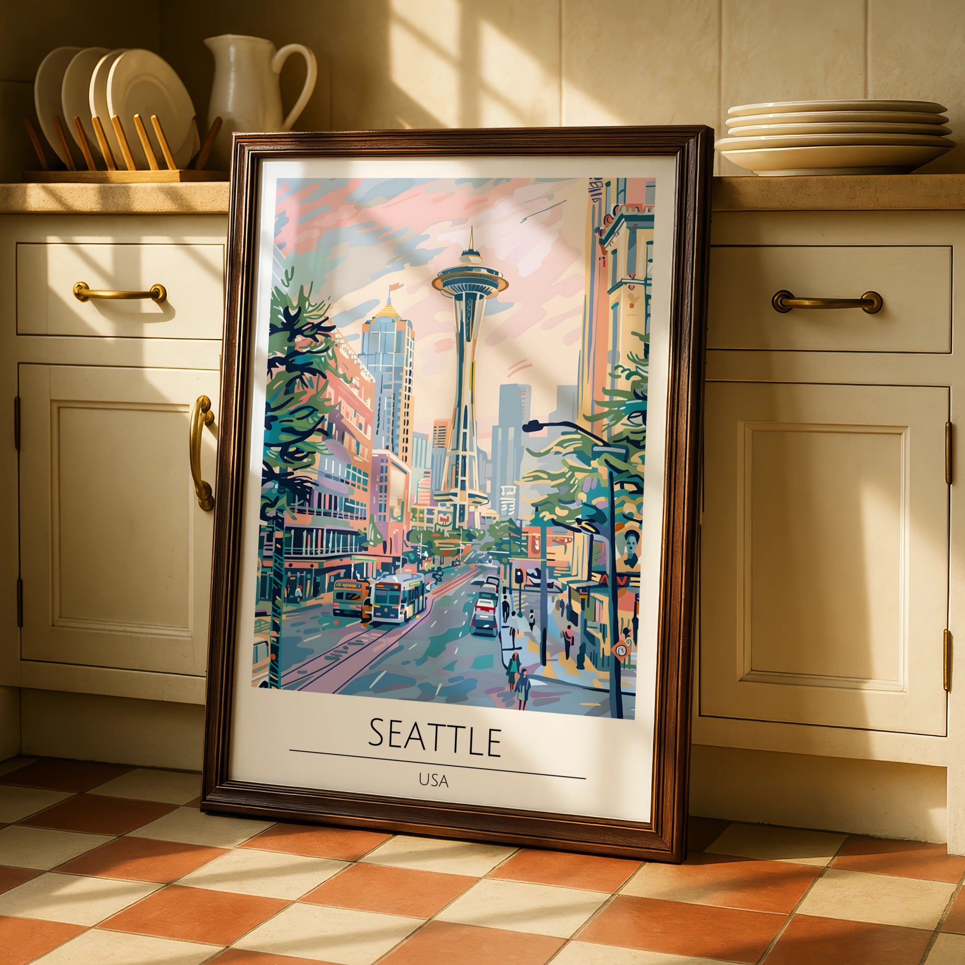 Seattle City View Poster, Colourful Artwork of Space Needle, Urban Wall Art, USA Decor, Modern Art