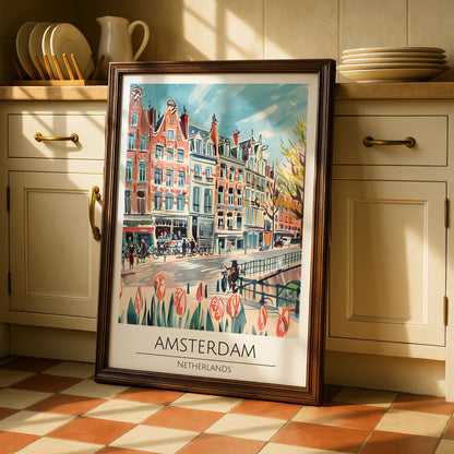 Amsterdam Cityscape Poster, Colourful Art Print of Netherlands, Urban Wall Decor, Maximalist Art