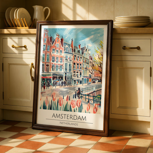 Amsterdam Cityscape Poster, Colourful Art Print of Netherlands, Urban Wall Decor, Maximalist Art