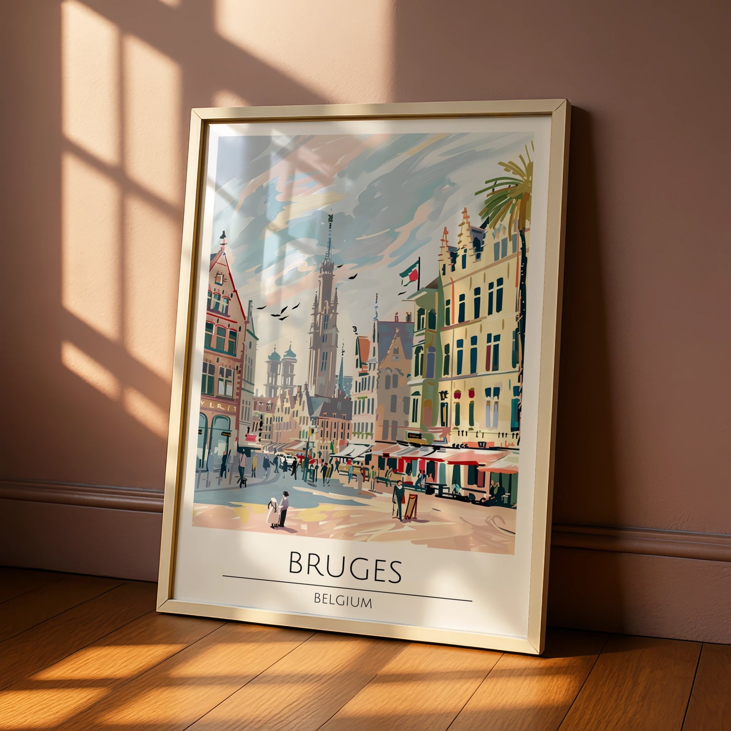 Bruges Belgium Poster, Colourful Maximalist Print of Belgian Cityscape, Vintage Travel Art